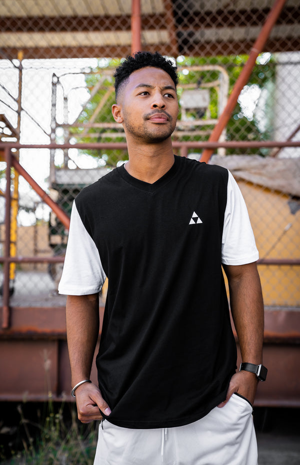 BLACK w/WHITE TRIANGLE V-NECK